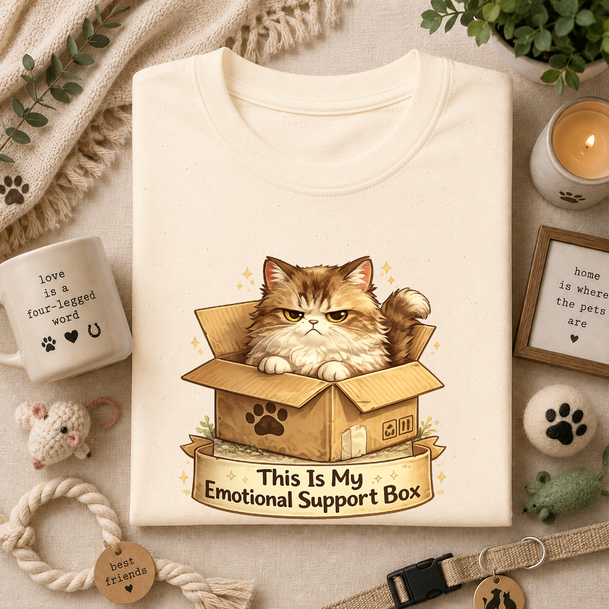 Cat in Box T-Shirt — "This Is My Emotional Support Box" Cute Kitten Tee