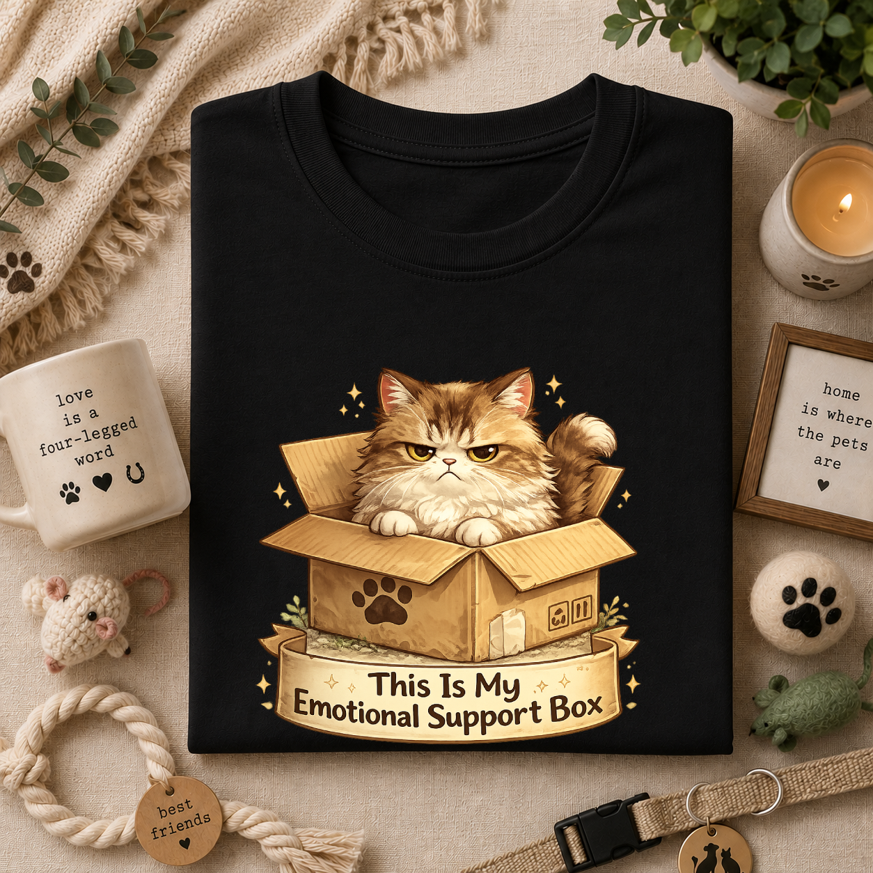 Cat in Box T-Shirt — "This Is My Emotional Support Box" Cute Kitten Tee