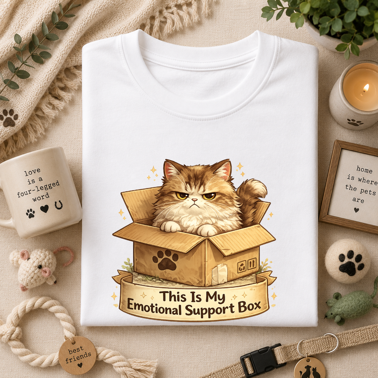 Cat in Box T-Shirt — "This Is My Emotional Support Box" Cute Kitten Tee