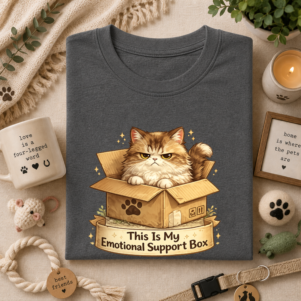Cat in Box T-Shirt — "This Is My Emotional Support Box" Cute Kitten Tee