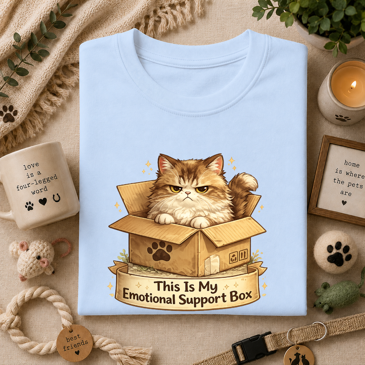 Cat in Box T-Shirt — "This Is My Emotional Support Box" Cute Kitten Tee