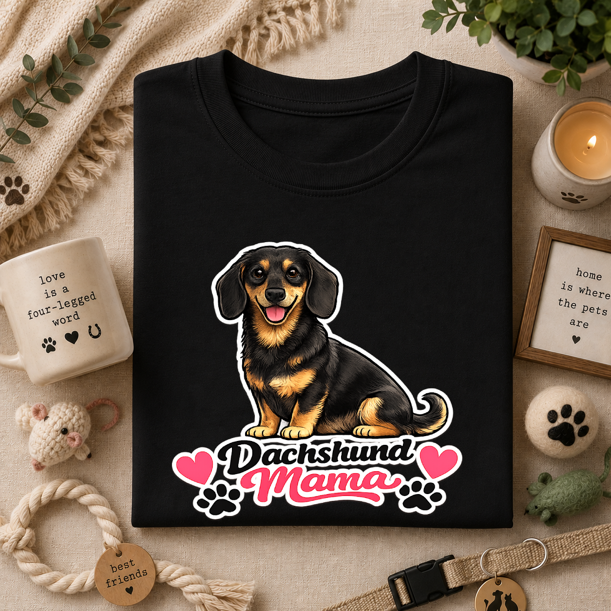 Dachshund Mama T‑Shirt — Cute Wiener Dog Graphic Tee with Hearts and Paw Prints