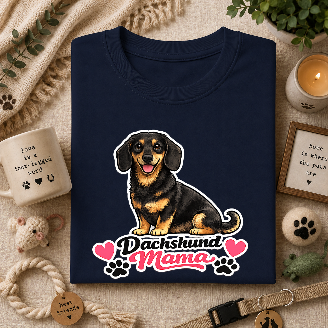 Dachshund Mama T‑Shirt — Cute Wiener Dog Graphic Tee with Hearts and Paw Prints