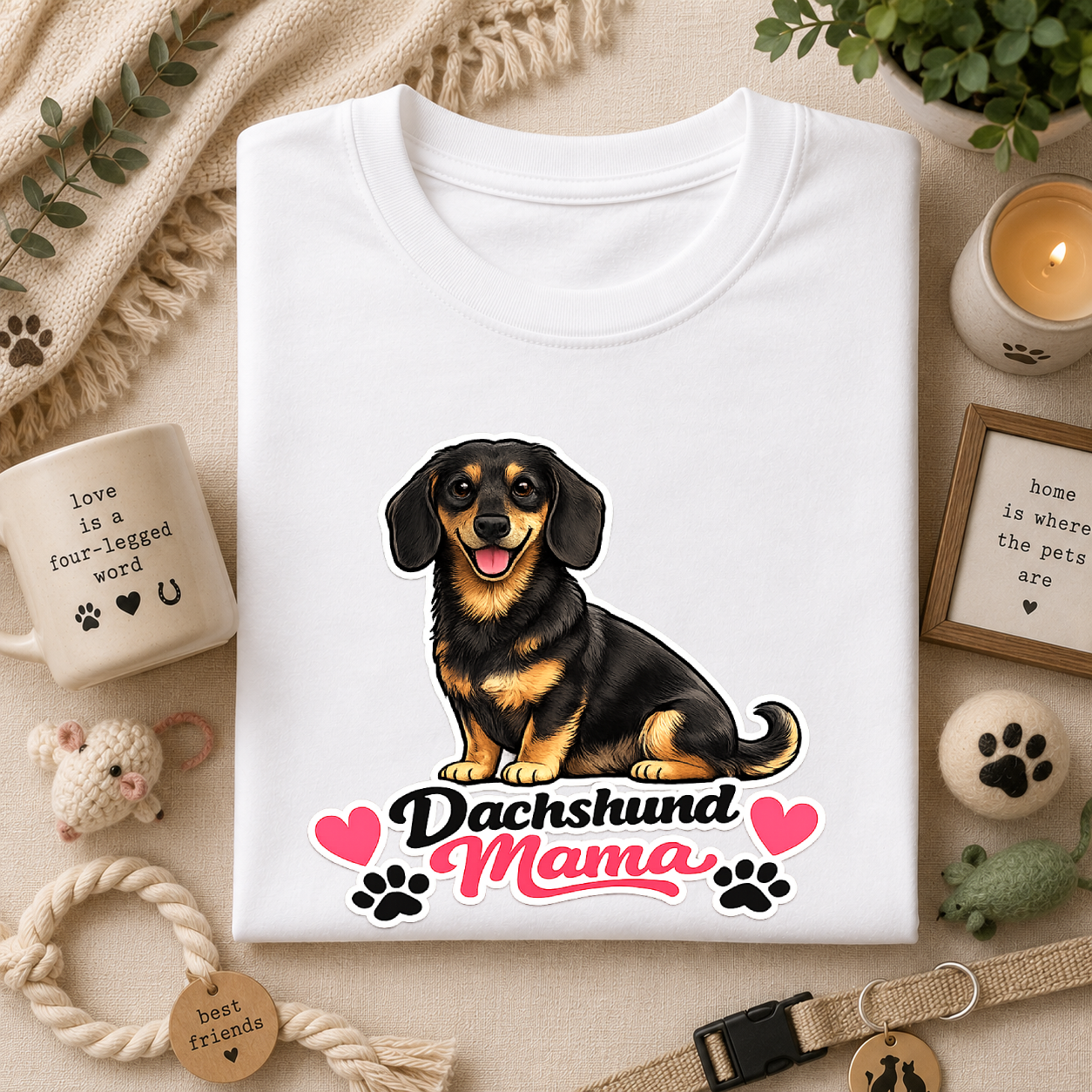 Dachshund Mama T‑Shirt — Cute Wiener Dog Graphic Tee with Hearts and Paw Prints