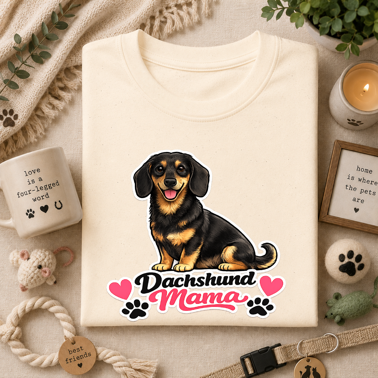 Dachshund Mama T‑Shirt — Cute Wiener Dog Graphic Tee with Hearts and Paw Prints