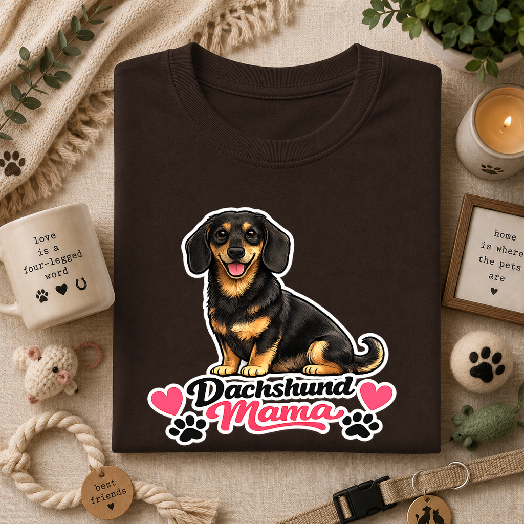 Dachshund Mama T‑Shirt — Cute Wiener Dog Graphic Tee with Hearts and Paw Prints