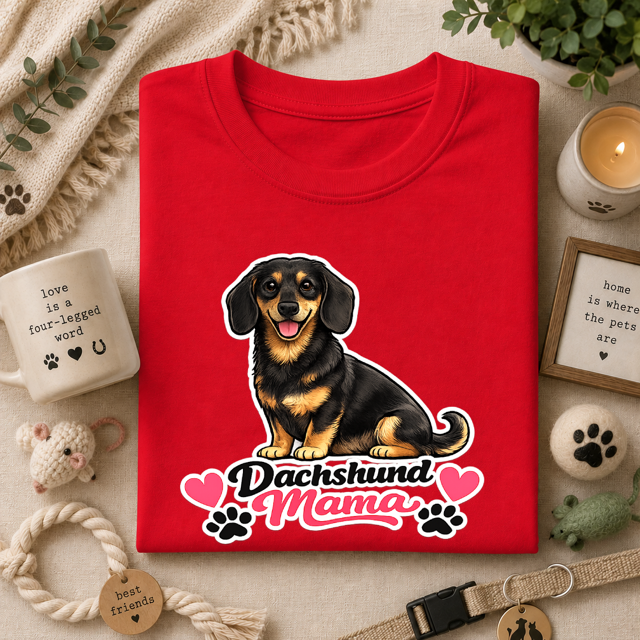 Dachshund Mama T‑Shirt — Cute Wiener Dog Graphic Tee with Hearts and Paw Prints