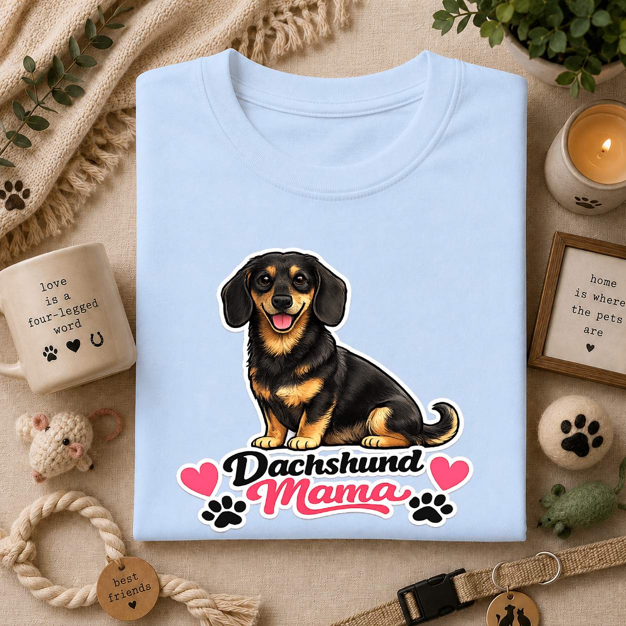 Dachshund Mama T‑Shirt — Cute Wiener Dog Graphic Tee with Hearts and Paw Prints