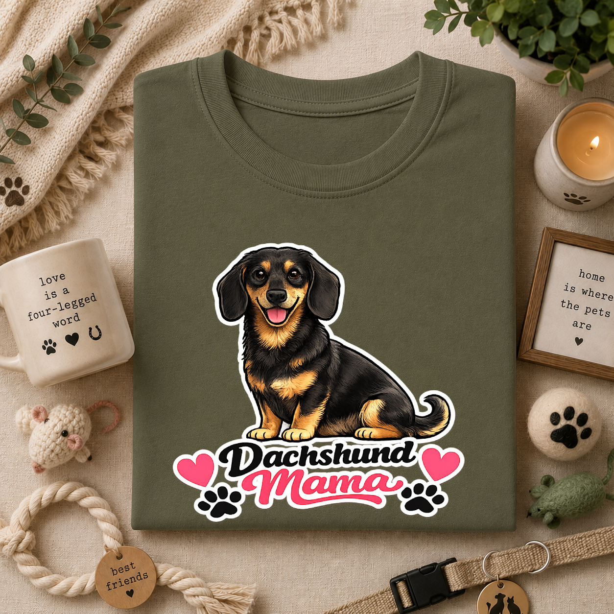 Dachshund Mama T‑Shirt — Cute Wiener Dog Graphic Tee with Hearts and Paw Prints