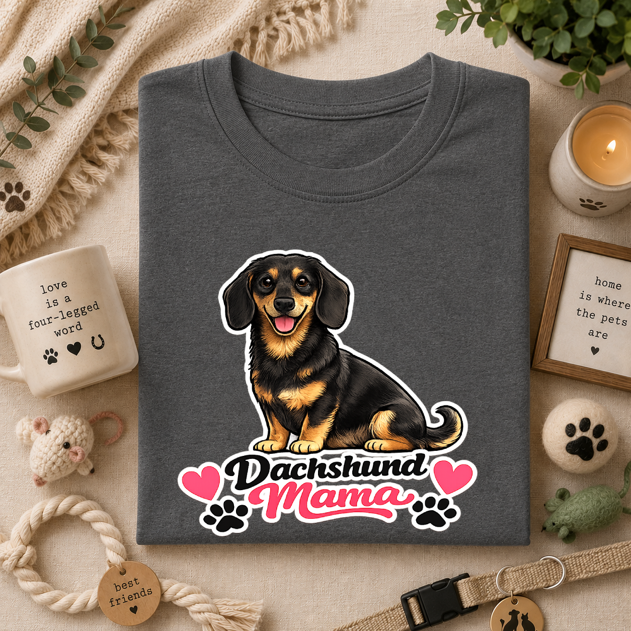 Dachshund Mama T‑Shirt — Cute Wiener Dog Graphic Tee with Hearts and Paw Prints