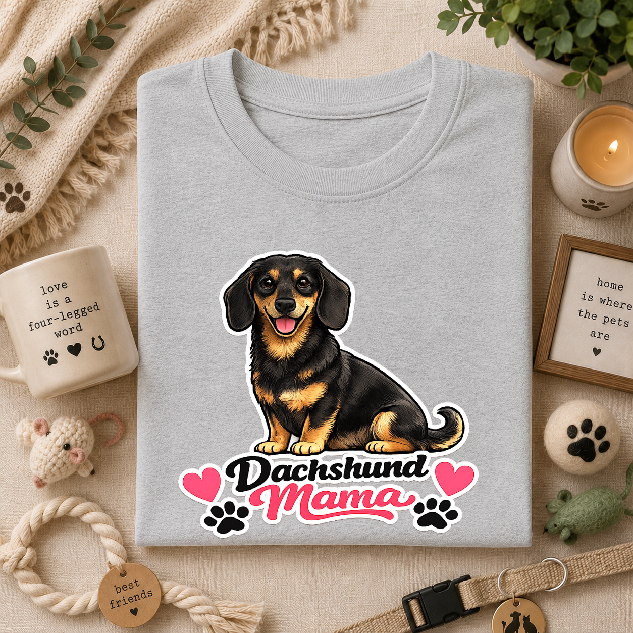 Dachshund Mama T‑Shirt — Cute Wiener Dog Graphic Tee with Hearts and Paw Prints
