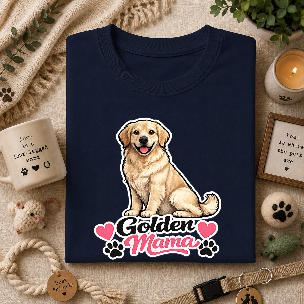 Golden Mama T‑Shirt — Cute Golden Retriever Mom Tee with Paw Hearts