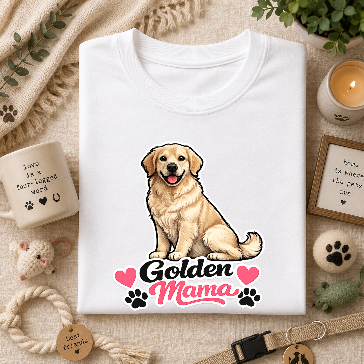 Golden Mama T‑Shirt — Cute Golden Retriever Mom Tee with Paw Hearts