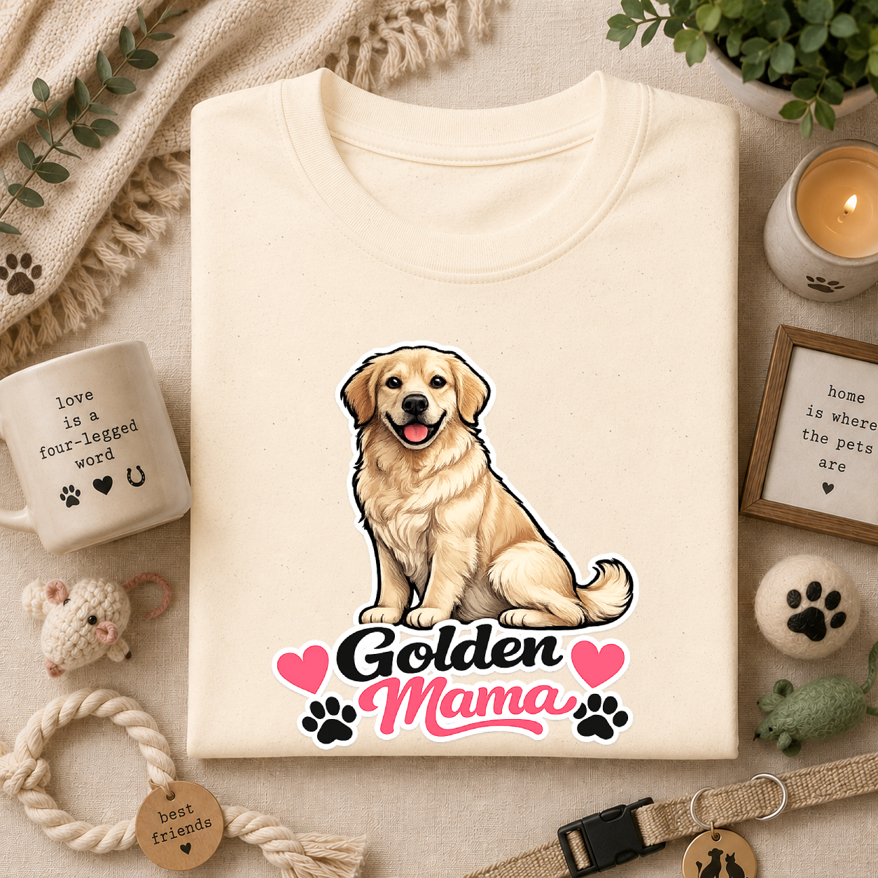 Golden Mama T‑Shirt — Cute Golden Retriever Mom Tee with Paw Hearts