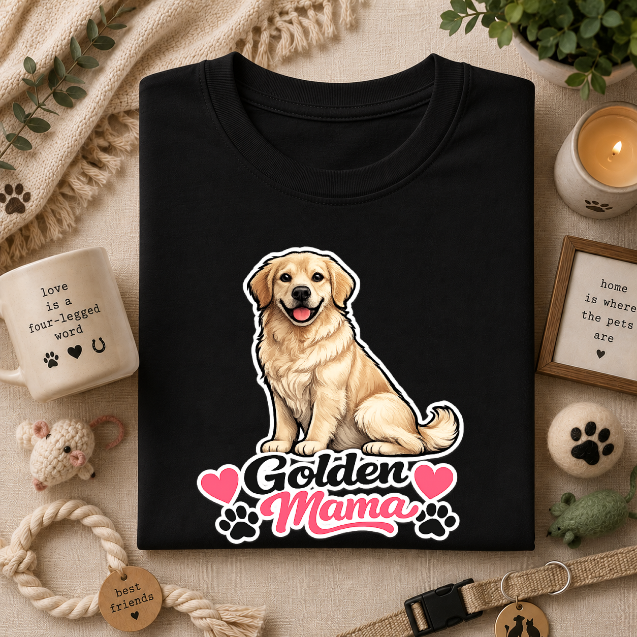 Golden Mama T‑Shirt — Cute Golden Retriever Mom Tee with Paw Hearts