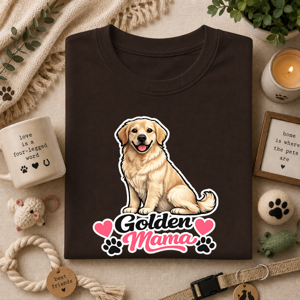 Golden Mama T‑Shirt — Cute Golden Retriever Mom Tee with Paw Hearts