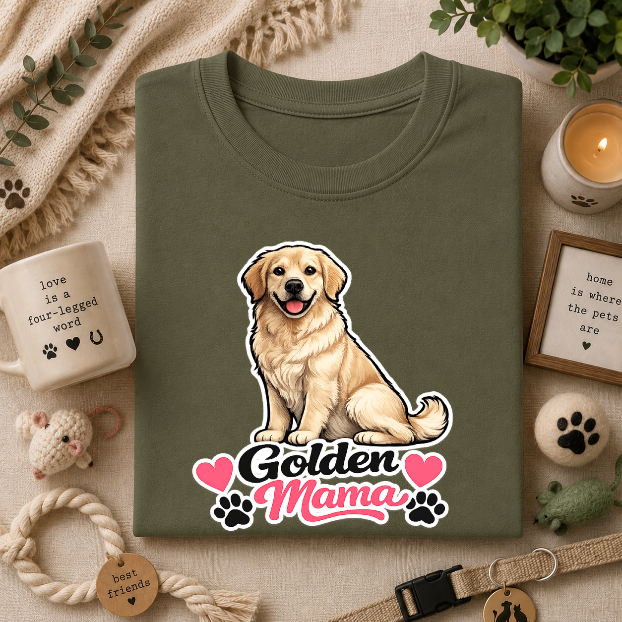 Golden Mama T‑Shirt — Cute Golden Retriever Mom Tee with Paw Hearts