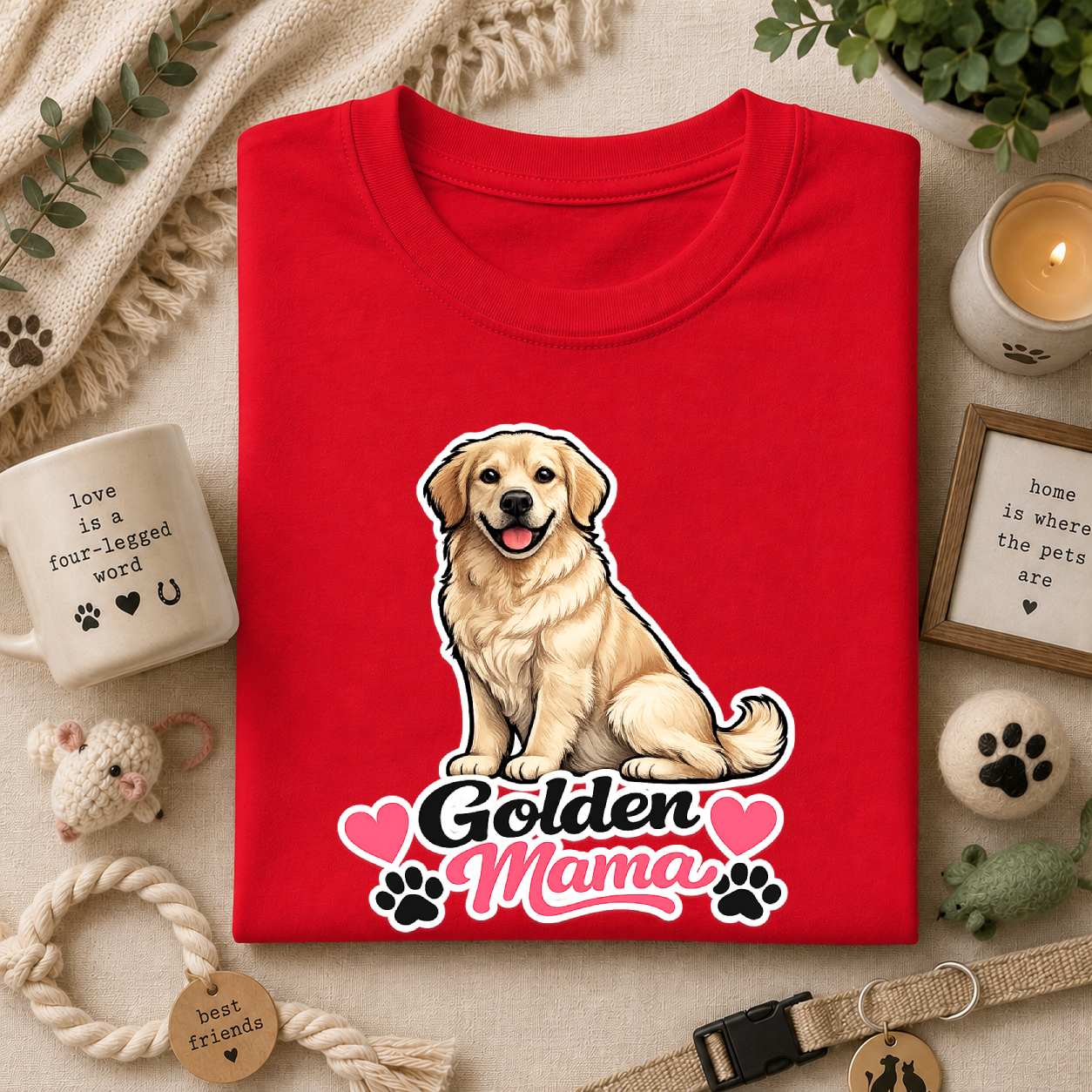 Golden Mama T‑Shirt — Cute Golden Retriever Mom Tee with Paw Hearts