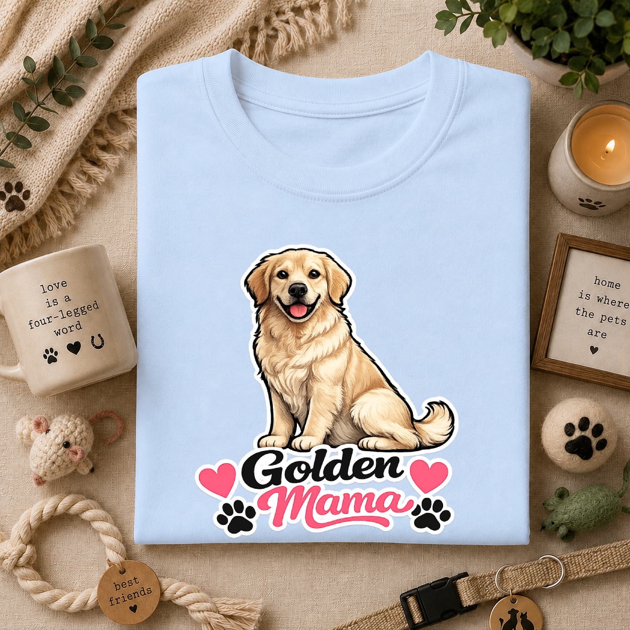 Golden Mama T‑Shirt — Cute Golden Retriever Mom Tee with Paw Hearts