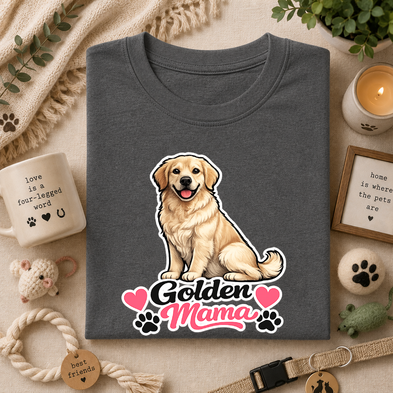 Golden Mama T‑Shirt — Cute Golden Retriever Mom Tee with Paw Hearts