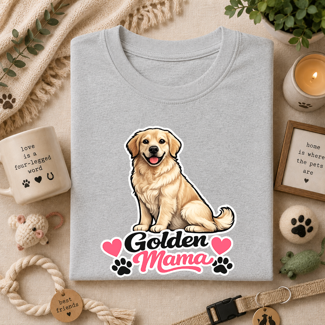 Golden Mama T‑Shirt — Cute Golden Retriever Mom Tee with Paw Hearts