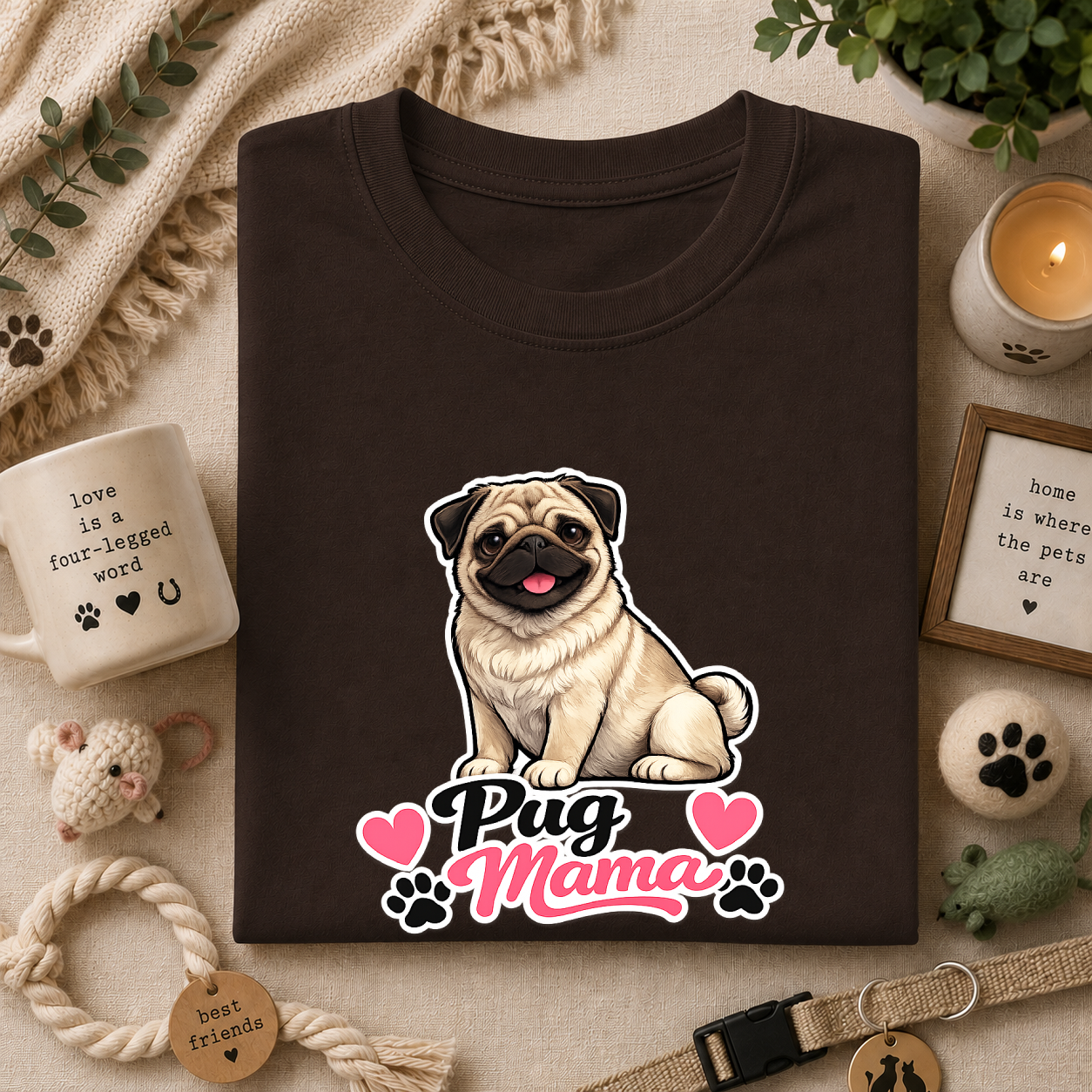 Pug Mama T-Shirt — Cute Pug Mom Tee with Hearts & Paw Prints
