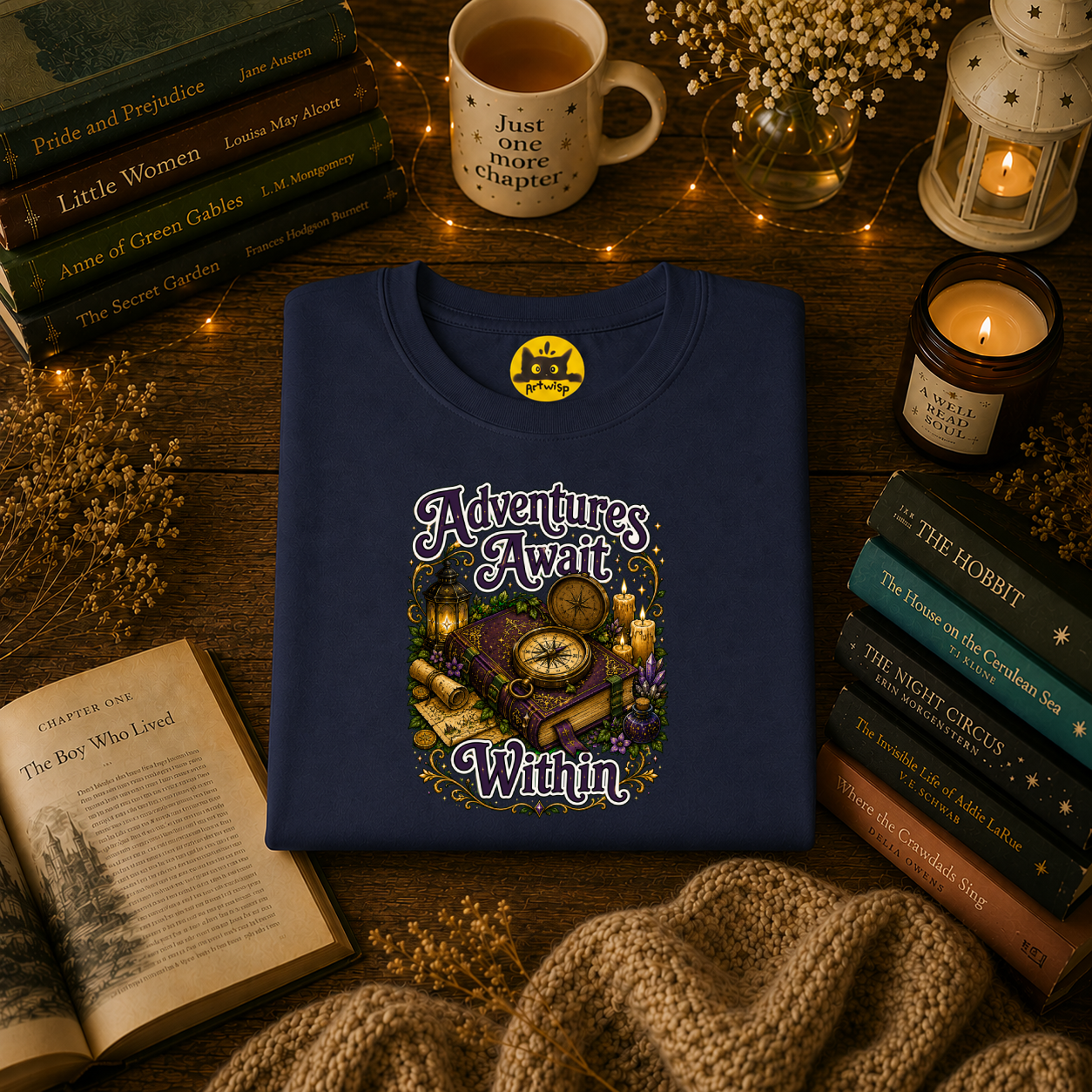 T-Shirt — "Adventures Await" Compass & Candle Travel Graphic