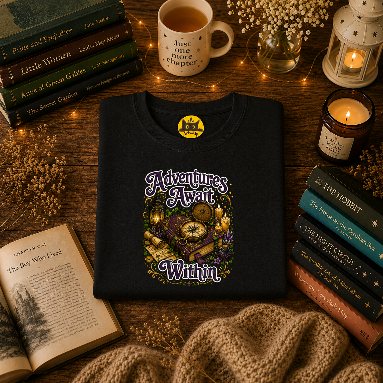 T-Shirt — "Adventures Await" Compass & Candle Travel Graphic