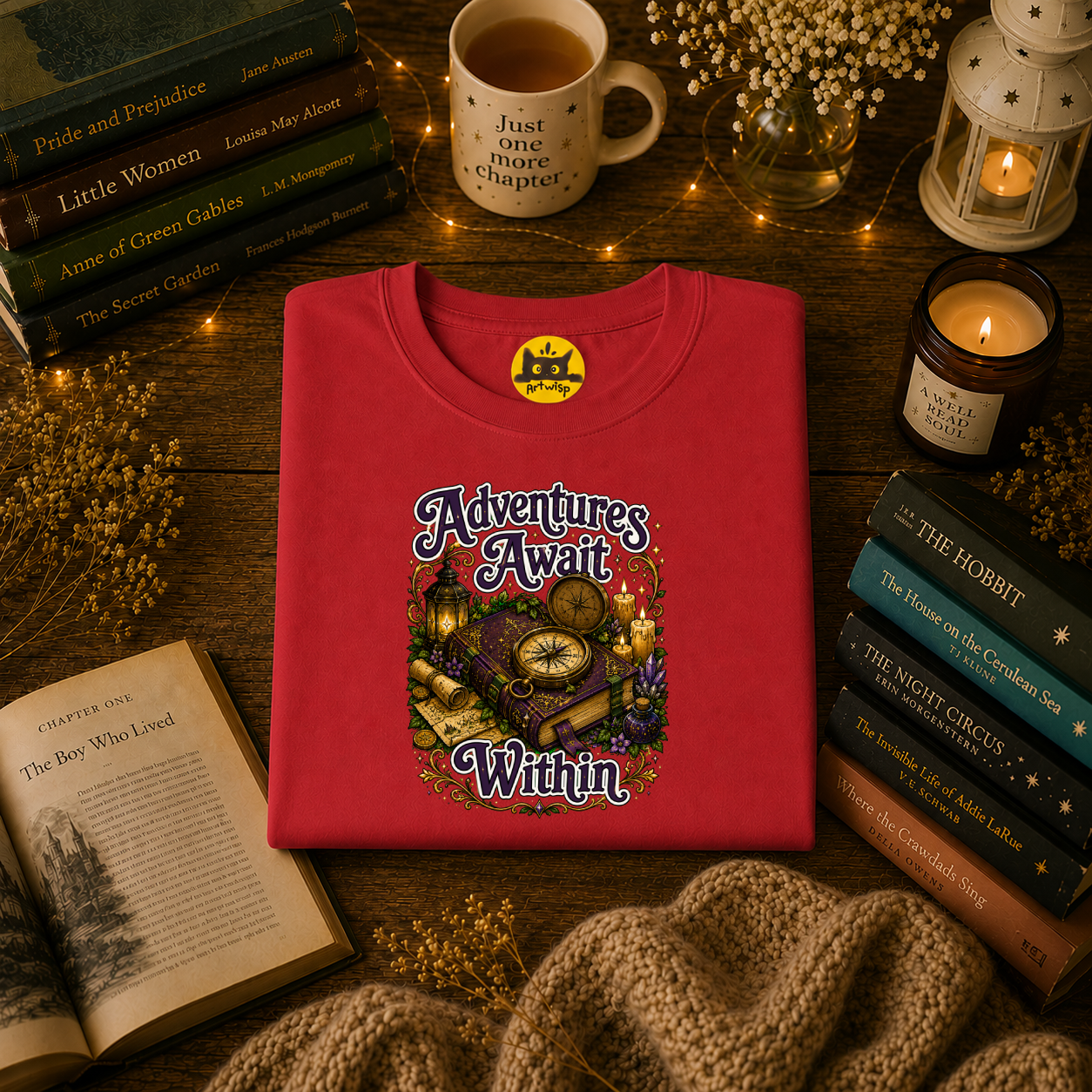 T-Shirt — "Adventures Await" Compass & Candle Travel Graphic