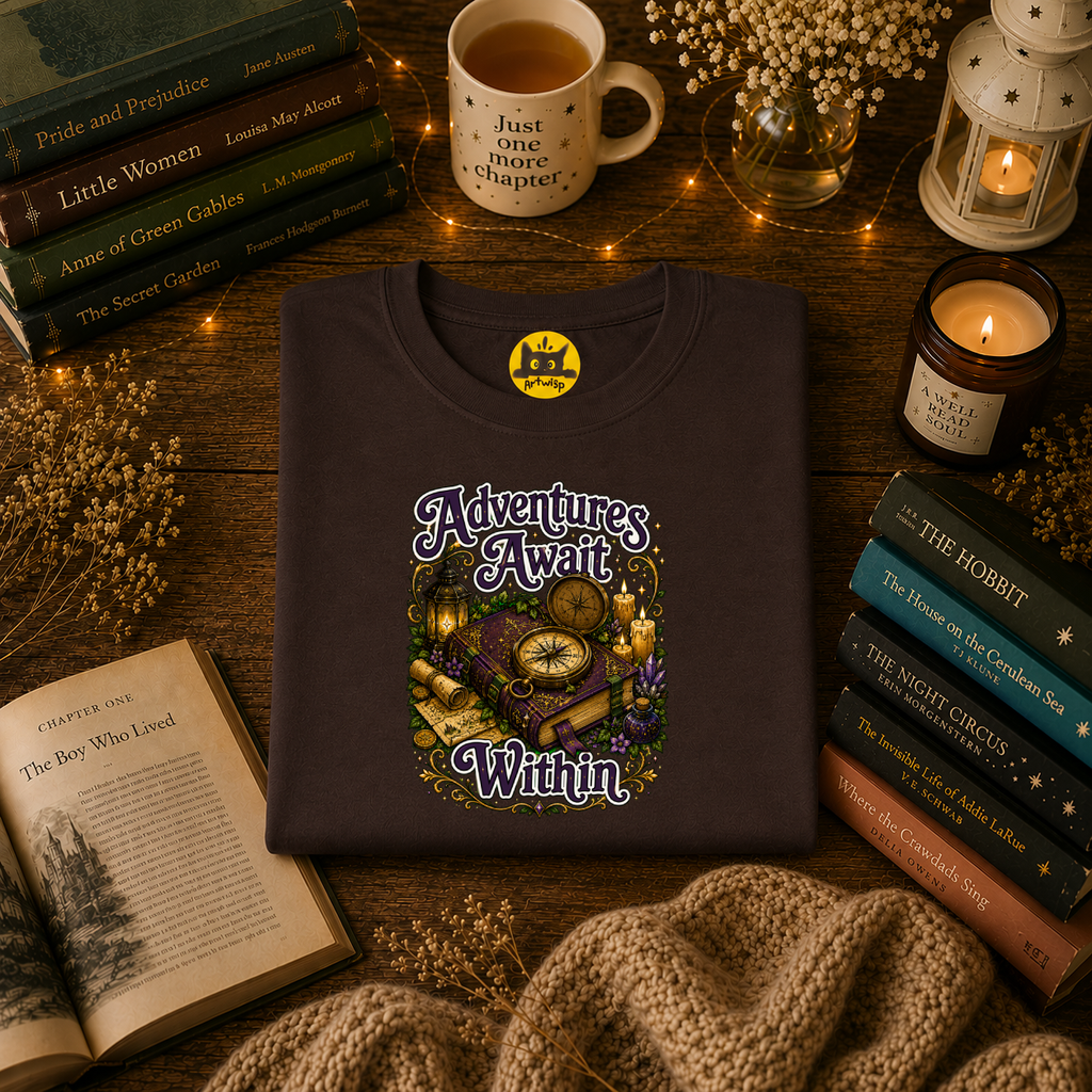 T-Shirt — "Adventures Await" Compass & Candle Travel Graphic