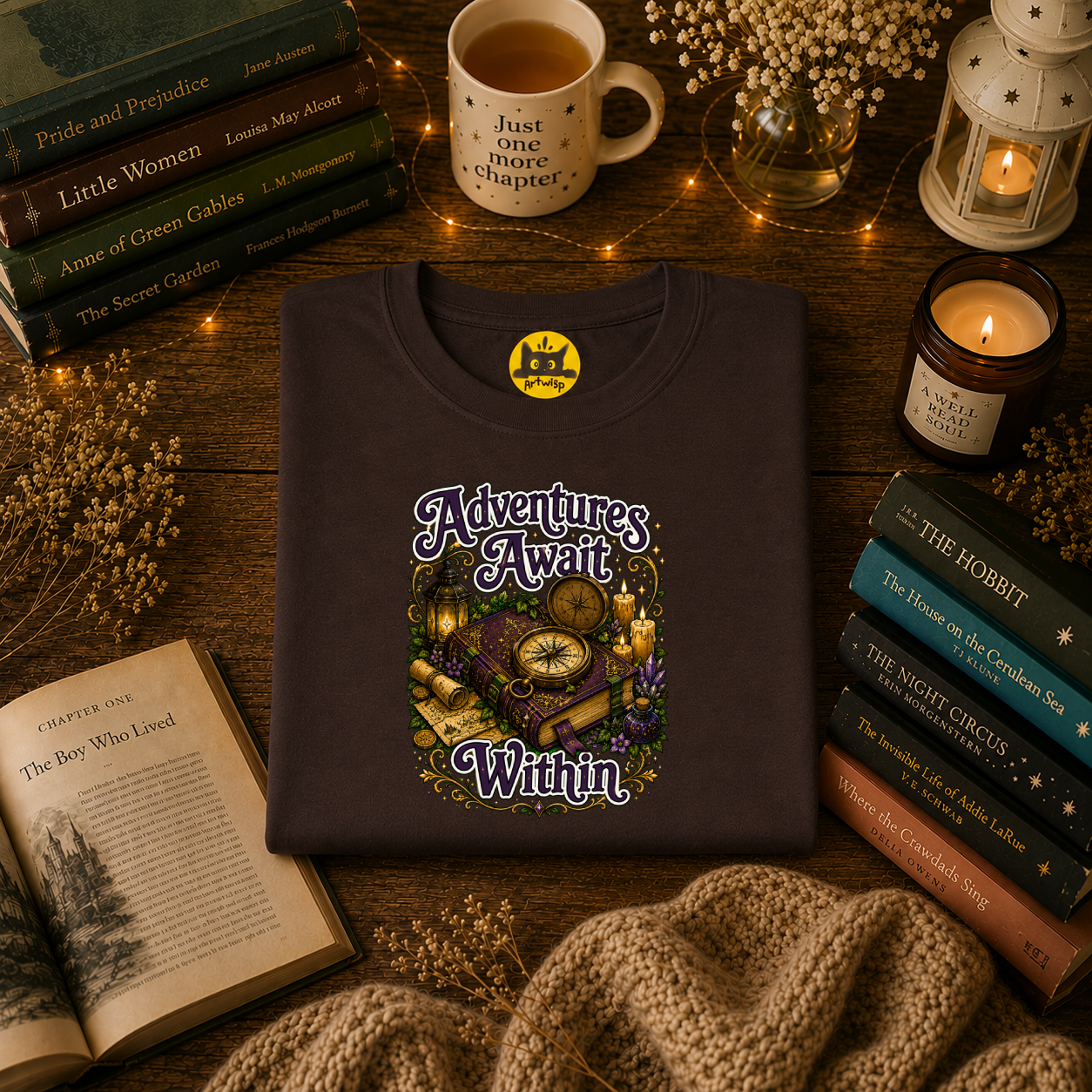 T-Shirt — "Adventures Await" Compass & Candle Travel Graphic