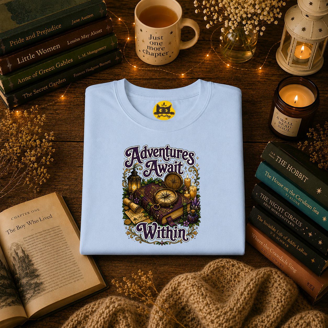 T-Shirt — "Adventures Await" Compass & Candle Travel Graphic