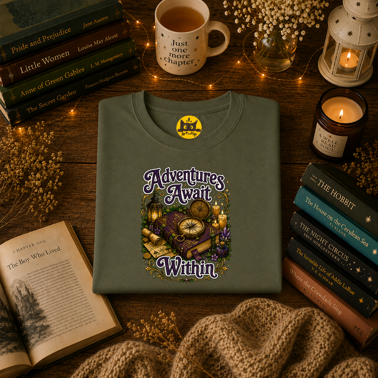 T-Shirt — "Adventures Await" Compass & Candle Travel Graphic