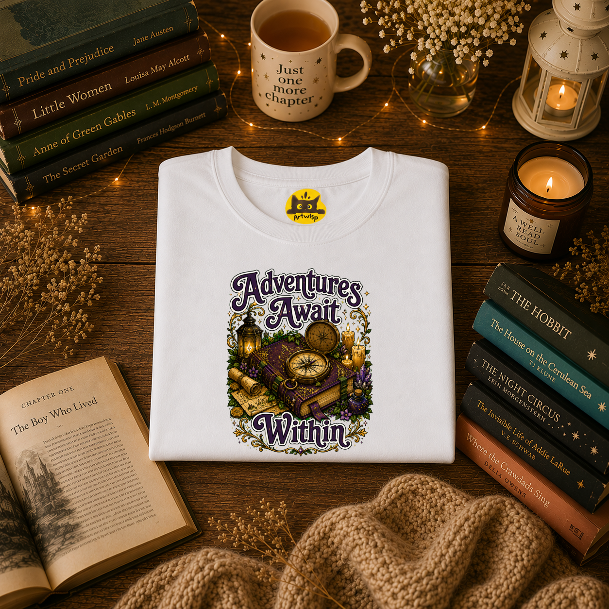 T-Shirt — "Adventures Await" Compass & Candle Travel Graphic