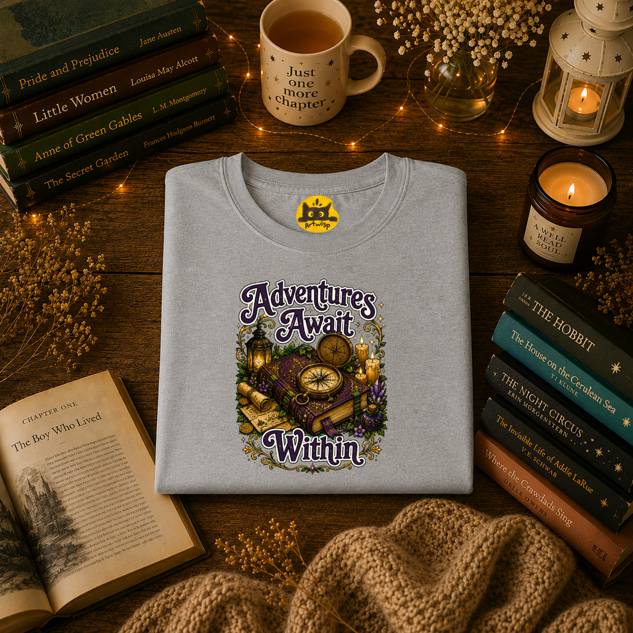 T-Shirt — "Adventures Await" Compass & Candle Travel Graphic