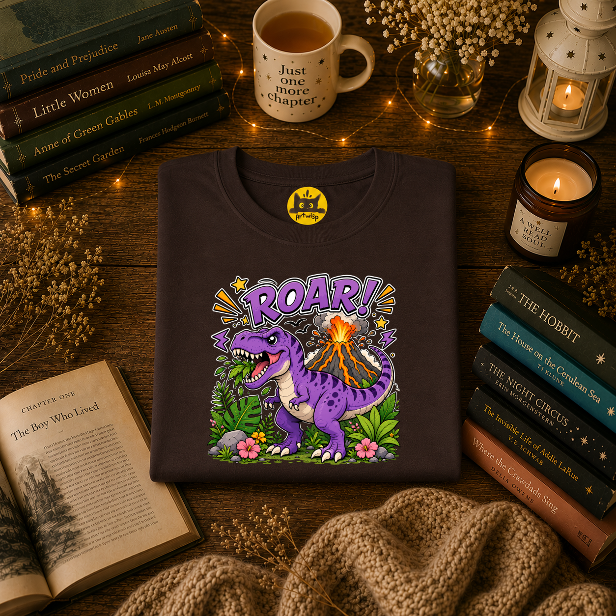T-Shirt — 'ROAR!' Purple Dinosaur Volcano Graphic Tee