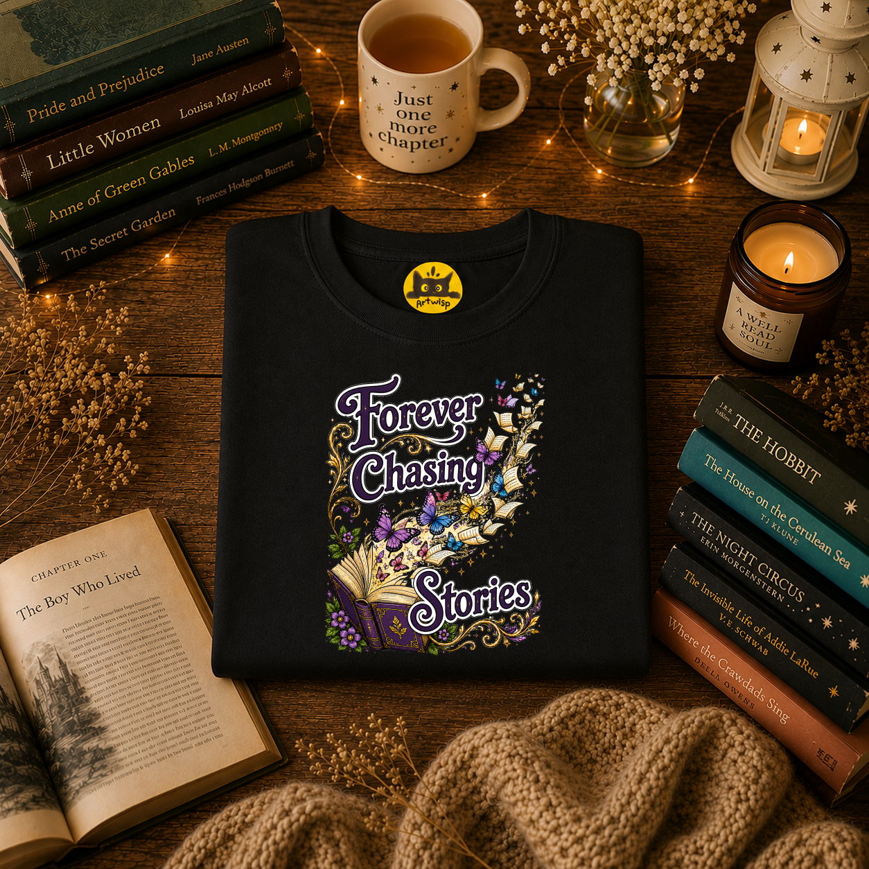 T-Shirt — "Forever Chasing Stories" Book Lover Graphic Tee
