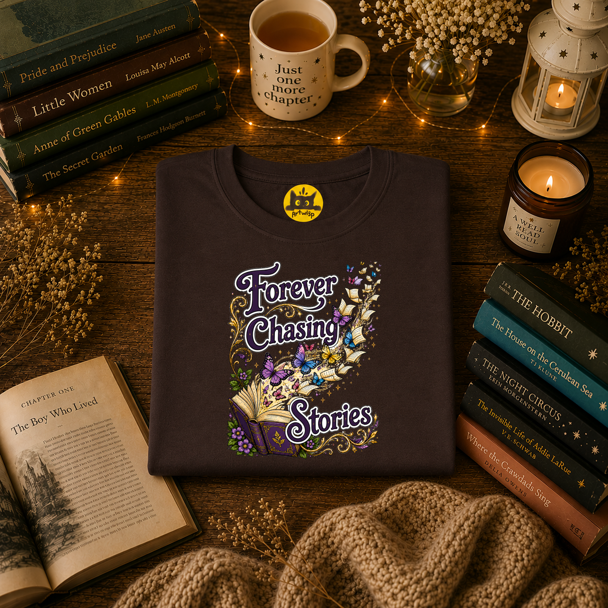 T-Shirt — "Forever Chasing Stories" Book Lover Graphic Tee