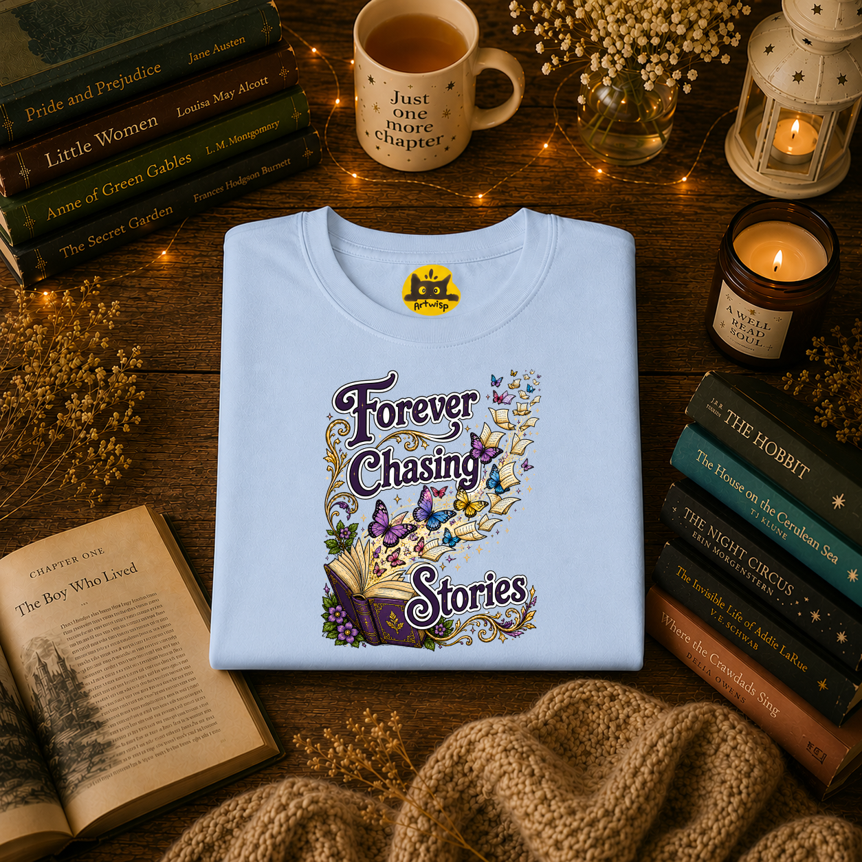 T-Shirt — "Forever Chasing Stories" Book Lover Graphic Tee