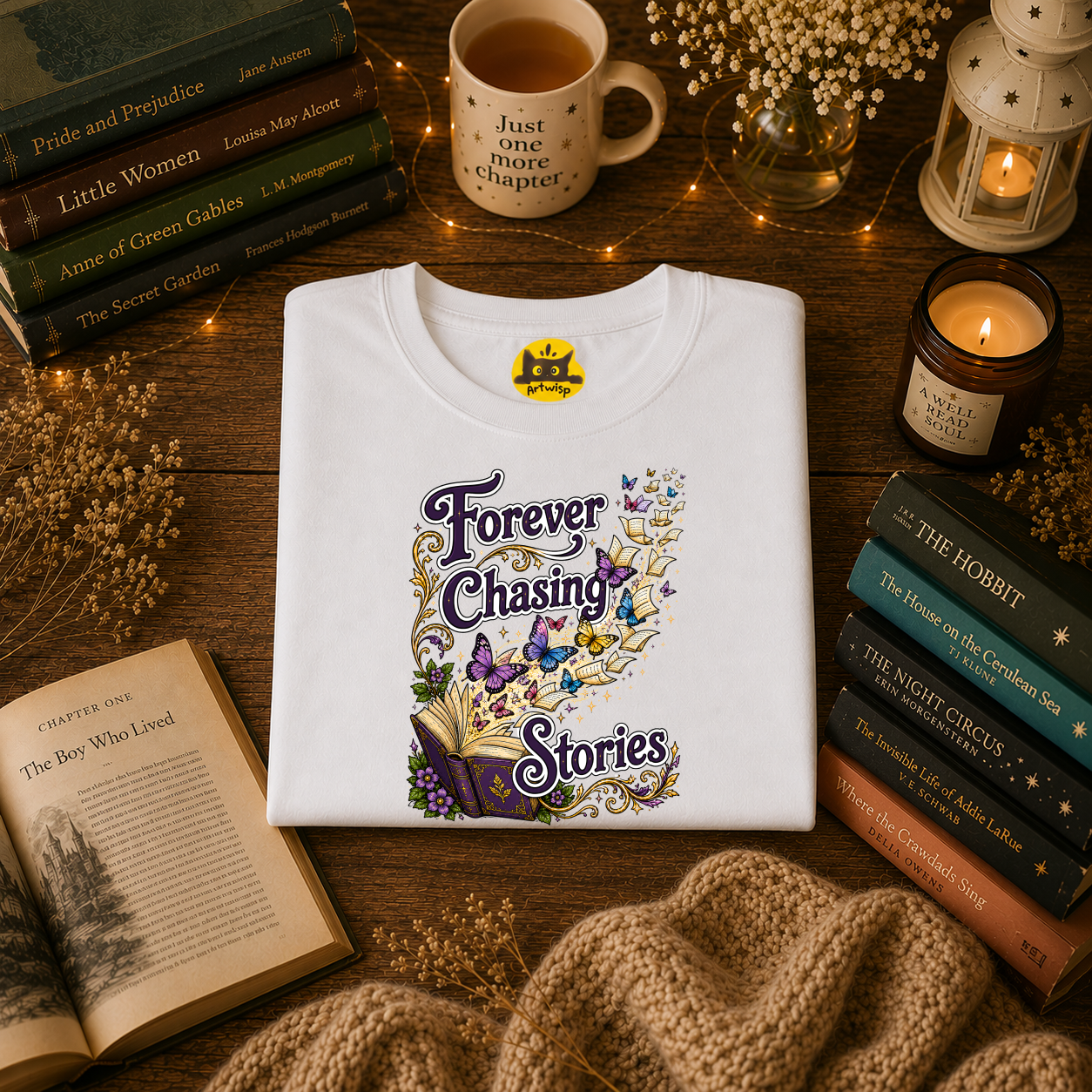 T-Shirt — "Forever Chasing Stories" Book Lover Graphic Tee
