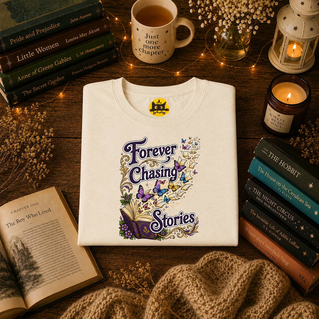 T-Shirt — "Forever Chasing Stories" Book Lover Graphic Tee