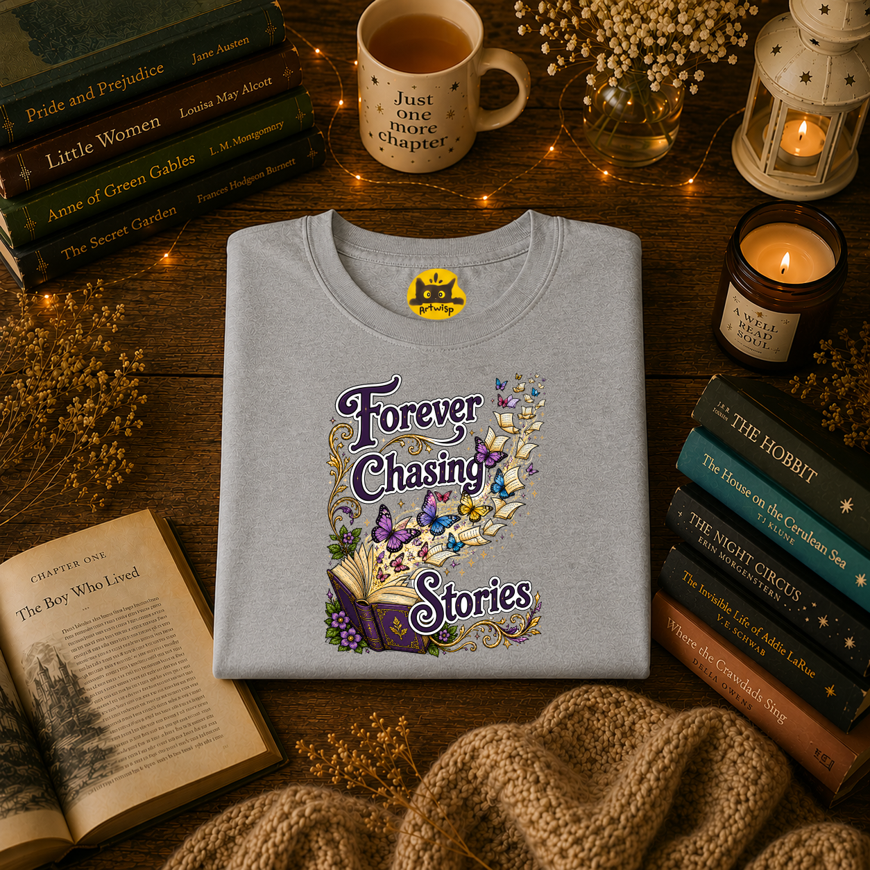 T-Shirt — "Forever Chasing Stories" Book Lover Graphic Tee