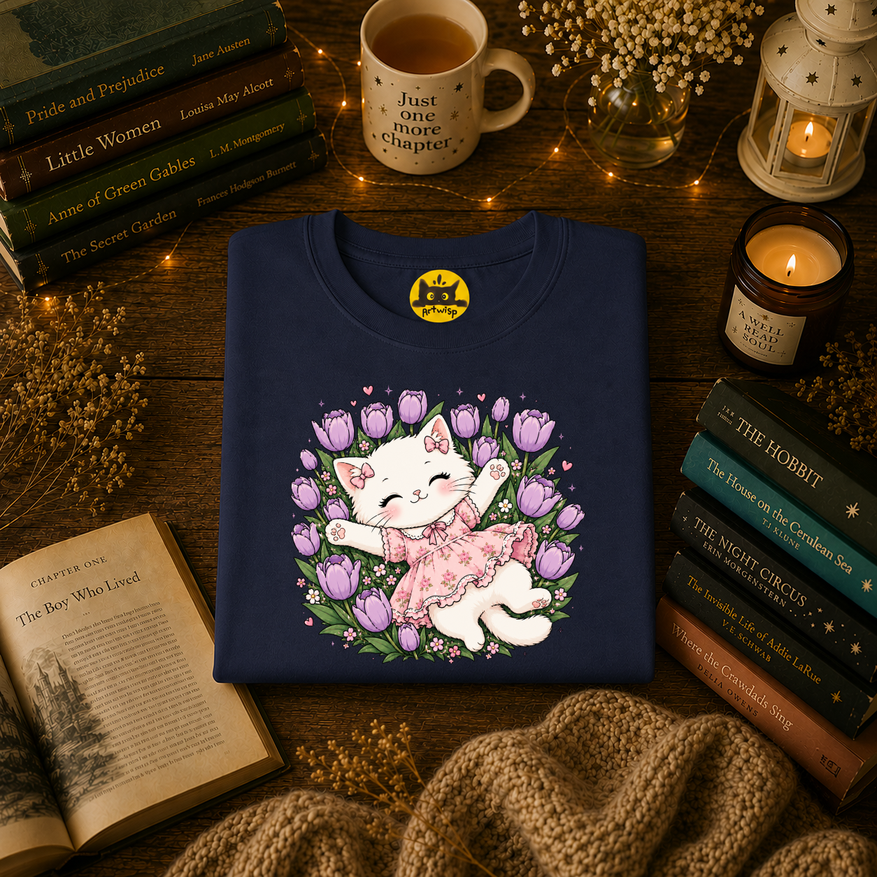 Cute Floral Cat T-Shirt — Happy Kitten in Tulips Graphic Tee