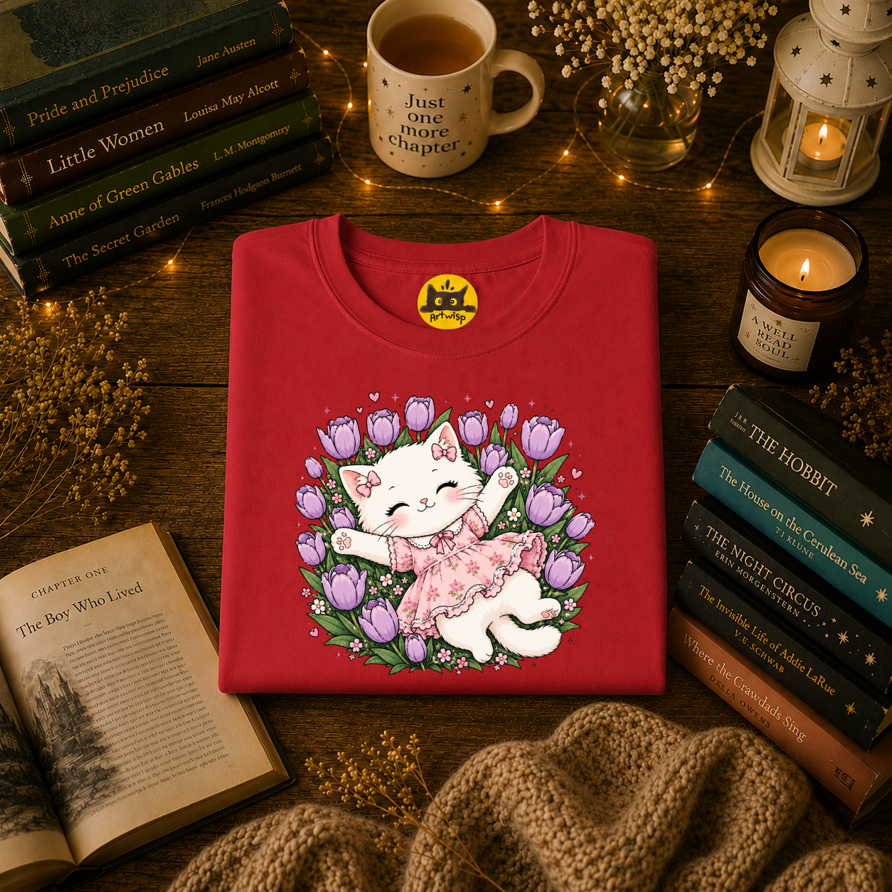 Cute Floral Cat T-Shirt — Happy Kitten in Tulips Graphic Tee