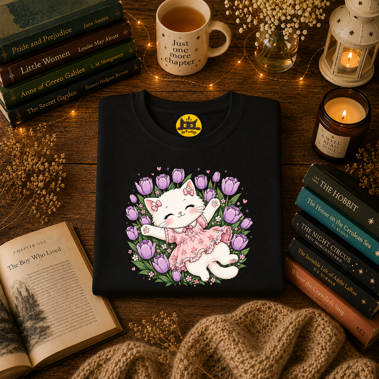 Cute Floral Cat T-Shirt — Happy Kitten in Tulips Graphic Tee