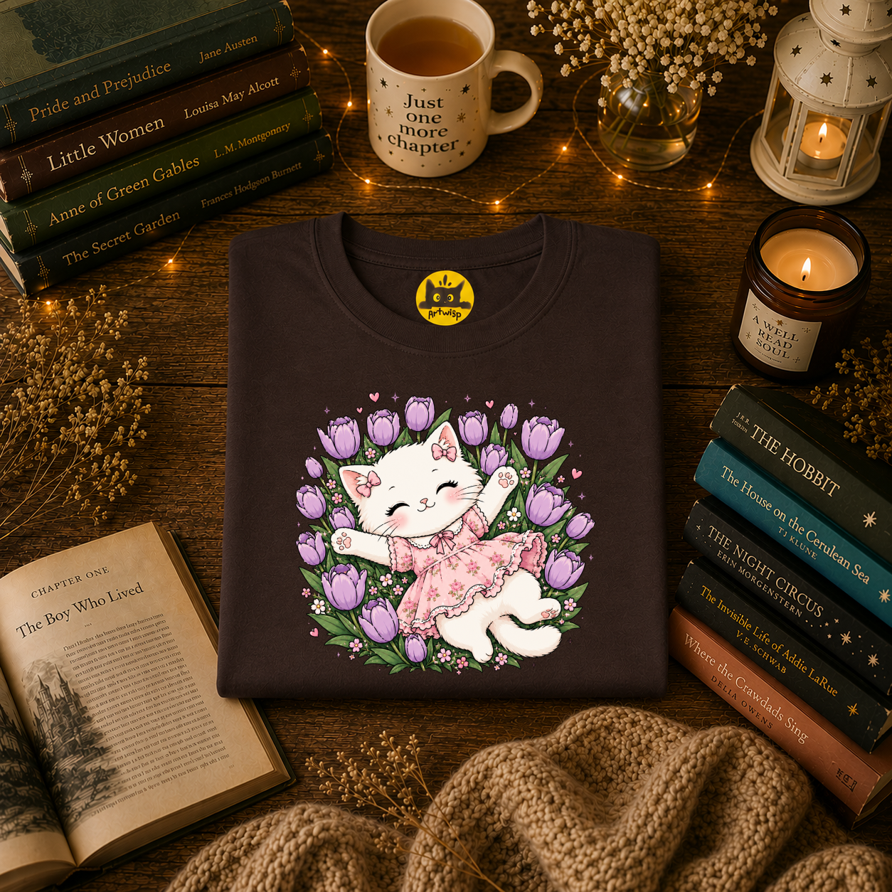 Cute Floral Cat T-Shirt — Happy Kitten in Tulips Graphic Tee