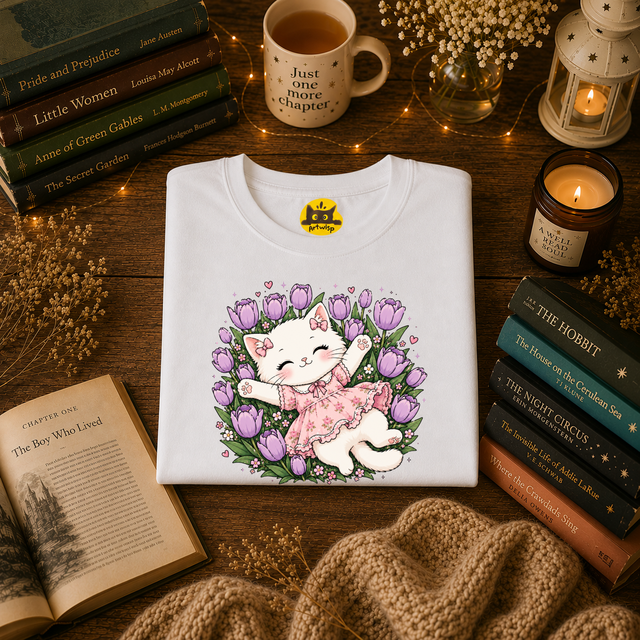 Cute Floral Cat T-Shirt — Happy Kitten in Tulips Graphic Tee