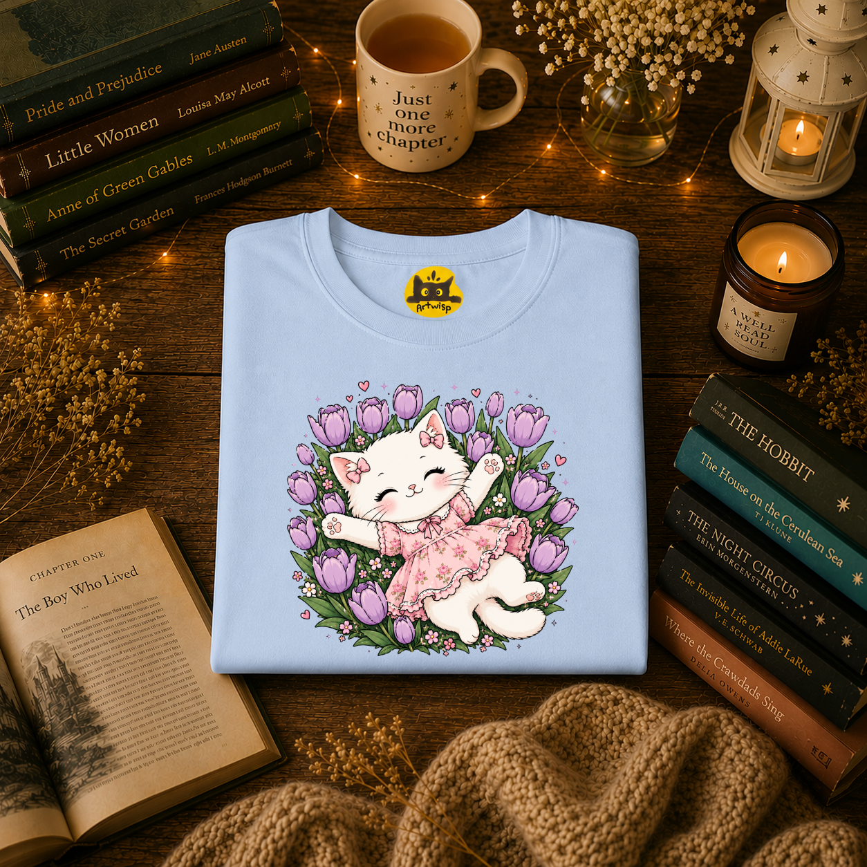 Cute Floral Cat T-Shirt — Happy Kitten in Tulips Graphic Tee