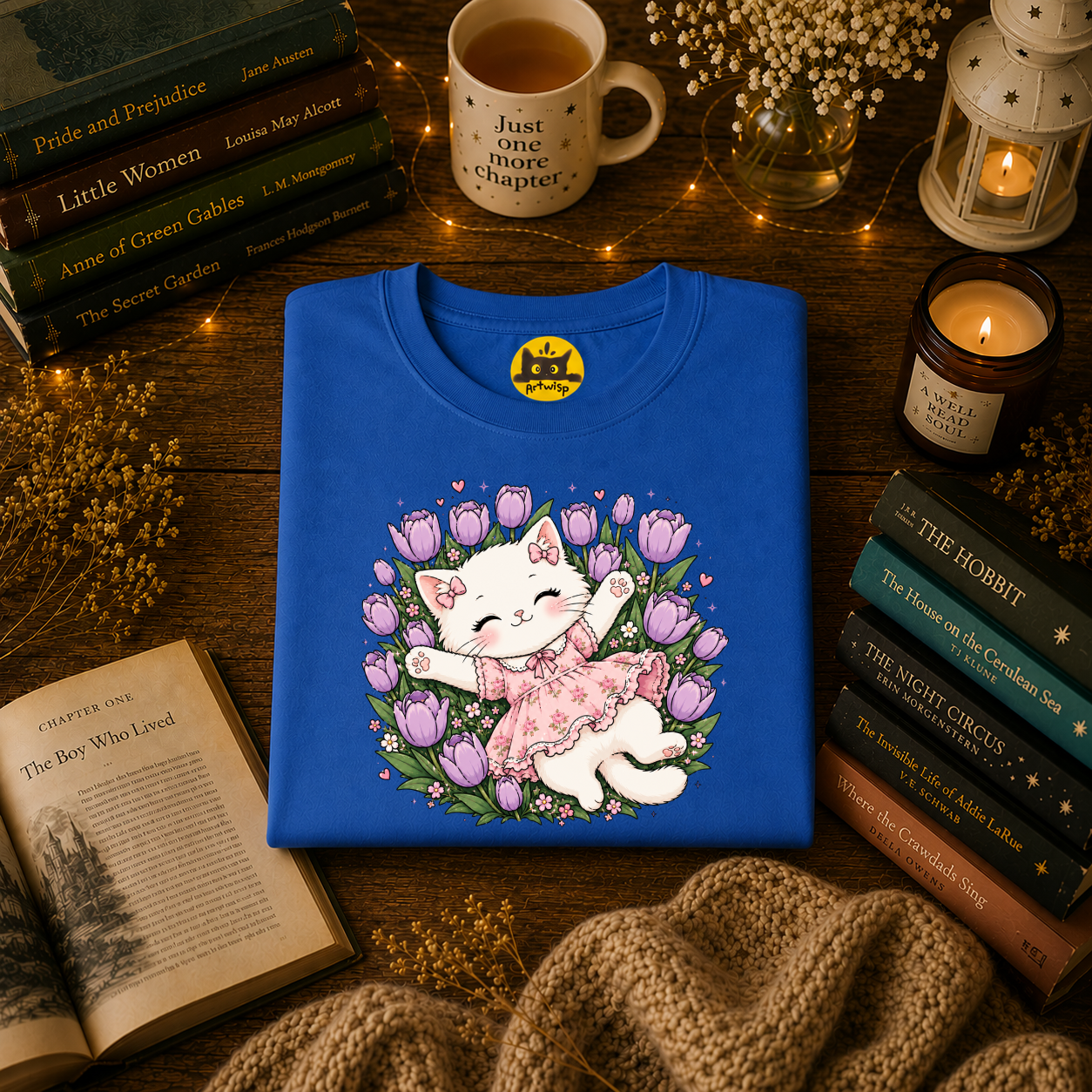 Cute Floral Cat T-Shirt — Happy Kitten in Tulips Graphic Tee