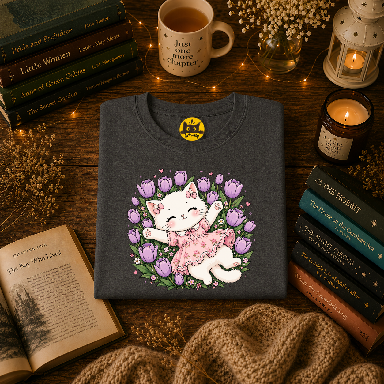 Cute Floral Cat T-Shirt — Happy Kitten in Tulips Graphic Tee